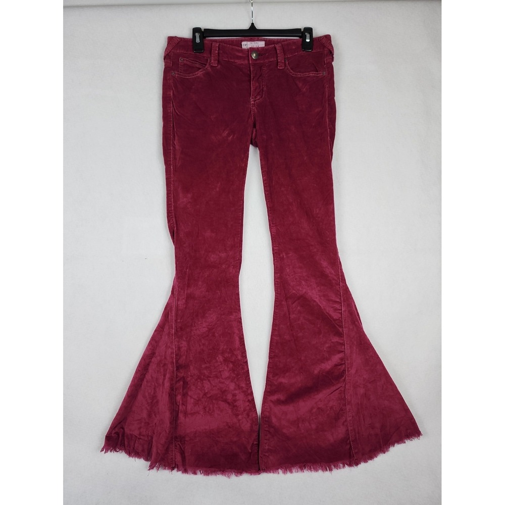 Free People Women's Low Rise Flare Burgundy Corduroy Pants Size 28 Raw Hem Boho